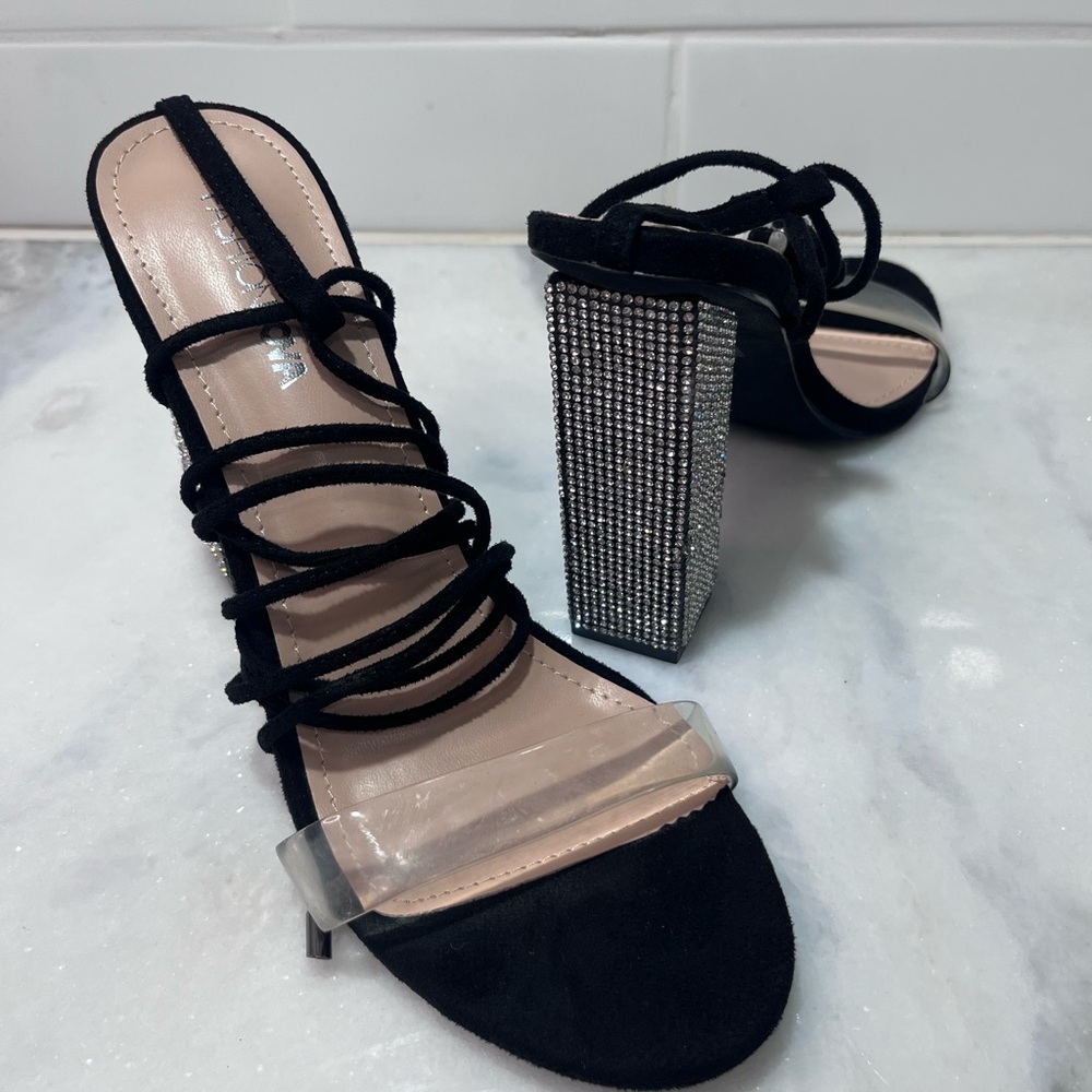 Fashion Nova Elegant Glam Black Strappy Heels with Rhinestone Block Heel, size 9
